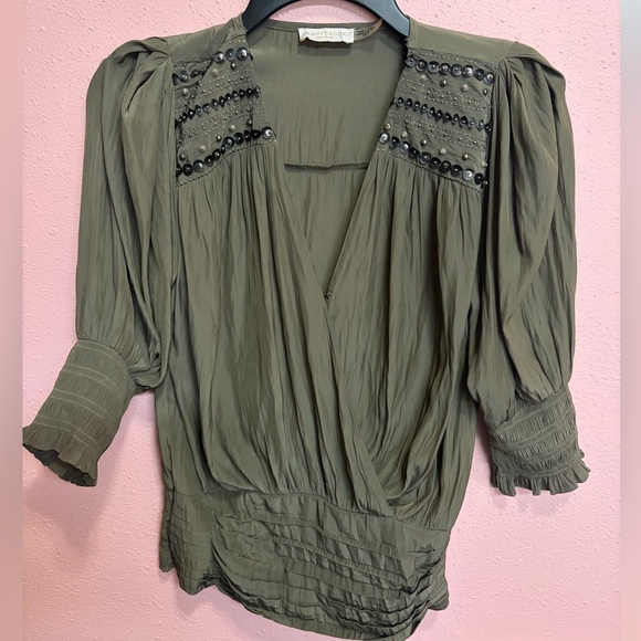 Ramy Brook Tops - Ramy Brook NY Blouse Olive Green Embroidered Beaded Smocked Made in India XS